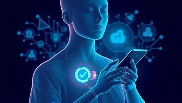 An illustration of a person wearing a wearable health monitoring device that seamlessly transmits data to a smartphone app, with AI algorithms analyzing the information in the background, creating a futuristic and personalized healthcare experience.