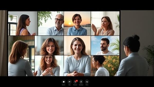 A virtual support group setting with diverse participants on a video call, led by a therapist, engaging in discussions with supportive gestures and virtual backgrounds representing tranquility and connection, symbolizing mental health support.