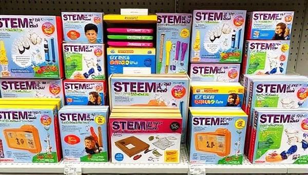 An array of colorful STEM kits neatly arranged on a shelf, with various tools, components, and instruction booklets, conveying a sense of excitement and hands-on learning opportunities for children.