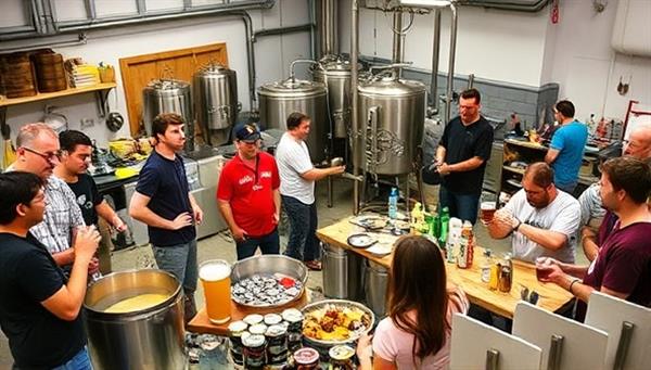 A vibrant brewing workshop setting with participants gathered around brewing equipment, colorful ingredients, and beer samples, immersed in the brewing process, exchanging tips and techniques, and enjoying the camaraderie of fellow beer enthusiasts, creating a dynamic and interactive brewing experience.