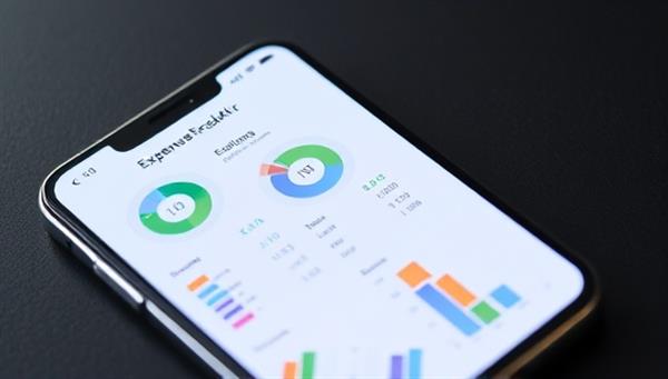A smartphone displaying the ExpenseTrackr app interface, with colorful graphs and charts representing expense categories, creating a visually appealing and user-friendly image.