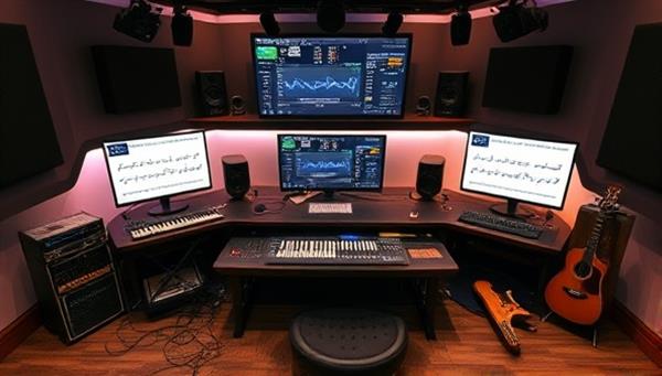 A virtual music studio setup with digital instruments, mixing boards, and a creative workspace where users can compose melodies, arrange tracks, and experiment with music production tools, fostering a collaborative and innovative music-making environment on MelodyMixer.