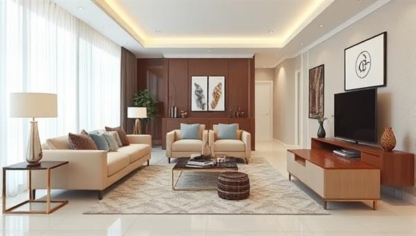 An elegant living room design rendered in 3D showcasing modern furniture, decorative accents, and a harmonious color palette, reflecting the sophisticated and stylish interior design solutions offered by Space Harmony.