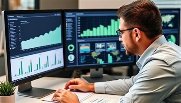 An investor analyzing property data on a computer screen, with charts, graphs, and maps displaying market trends and investment opportunities, conveying a sense of data-driven decision-making and financial analysis.