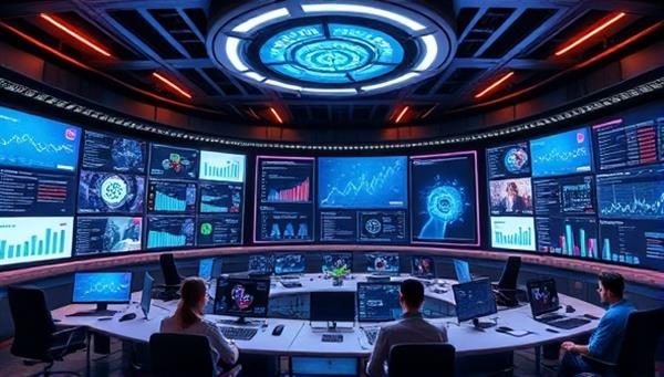 A futuristic visualization of a social media control center with AI algorithms optimizing ad campaigns in real-time, with digital screens displaying data analytics and performance metrics, surrounded by a team of digital marketers monitoring and adjusting ad strategies, symbolizing the cutting-edge technology and efficiency of SocialOptimize AI
