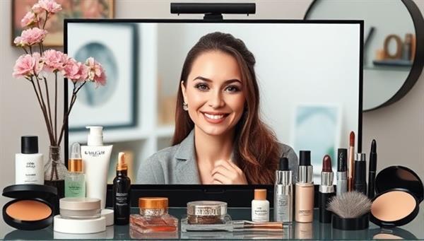 A virtual beauty consultation setup with a professional beauty expert on a video call, surrounded by a variety of skincare and makeup products, radiating positivity and expertise in the beauty industry.