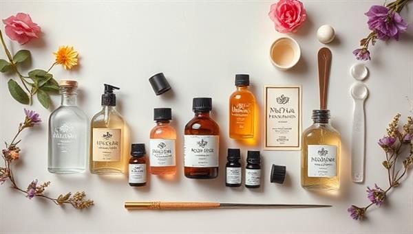 An artistic flat lay image displaying the custom fragrance creation kit components, including elegant glass bottles, colorful essential oils, blending tools, and decorative labels, evoking a sense of creativity and luxury.