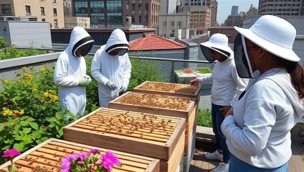An urban rooftop apiary with busy bees buzzing around colorful flowers, with beekeepers in protective gear conducting a guided tour for a fascinated group of participants, highlighting the educational and immersive nature of the urban beekeeping experience.