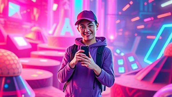 An eye-catching digital artwork of a virtual influencer posing with a product, seamlessly blending into a futuristic and vibrant digital landscape, representing the integration of technology and creativity in influencer marketing.