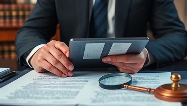 An image of a professional reviewing legal documents on a tablet, surrounded by law books and a magnifying glass, symbolizing precision and expertise in legal document analysis.
