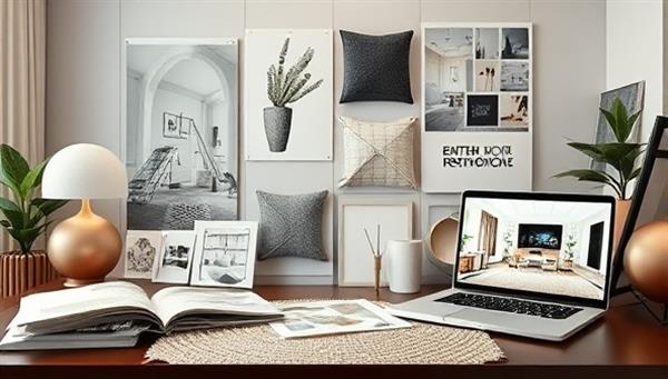 An elegant virtual interior design studio setup with mood boards, fabric swatches, design sketches, and a laptop displaying 3D room renderings, creating a sophisticated and creative design consultation environment.