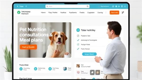 A modern and sleek website interface displaying pet nutrition consultations and meal plans being discussed virtually between a veterinary nutritionist and a pet owner.