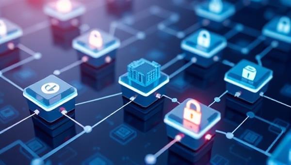 An illustration of interconnected blocks representing blockchain technology securing government procurement transactions, symbolizing trust and efficiency.