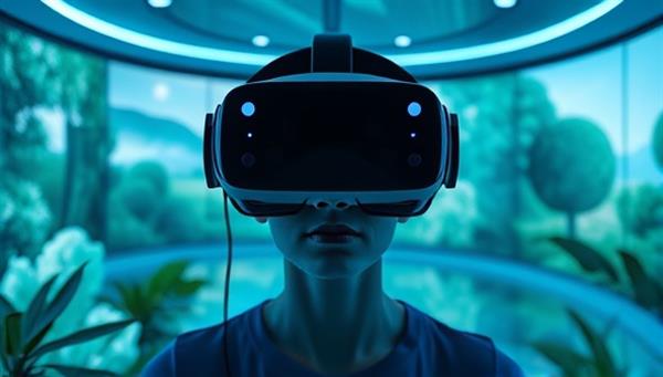 An immersive image of the Virtual Reality Wellness Center showcasing a futuristic VR headset being worn by a client in a tranquil virtual environment, surrounded by digital nature scenes, calming sounds, and a sense of relaxation and escape from reality, illustrating the transformative power of VR technology for mental well-being.
