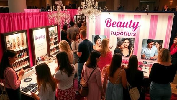 A bustling beauty pop-up event with attendees trying out makeup products, receiving beauty consultations, and posing for photos at a stylish and vibrant beauty booth, showcasing a lively and engaging beauty experience.