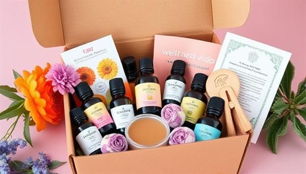 An aesthetically pleasing and vibrant display of a wellness subscription box filled with essential oils, herbal teas, skincare products, mindfulness tools, and wellness guides, creating a sensory and relaxing experience for subscribers, reflecting the holistic and curated nature of the service.
