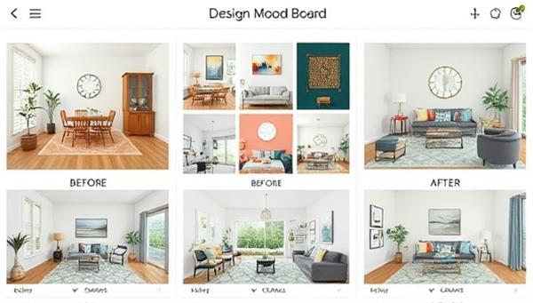 An interactive design mood board showcasing different interior styles, color schemes, and decor elements, with before-and-after photos of virtual design transformations, illustrating the impact of professional design consultations.