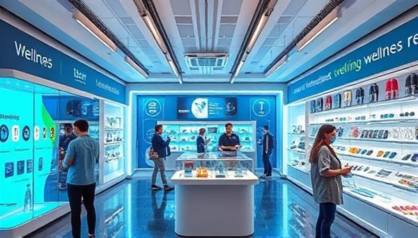 A futuristic tech retail store layout featuring interactive displays of health gadgets, smart wearables, and digital wellness solutions, with customers testing out devices and attending wellness tech workshops, creating a dynamic and immersive tech-driven wellness environment.
