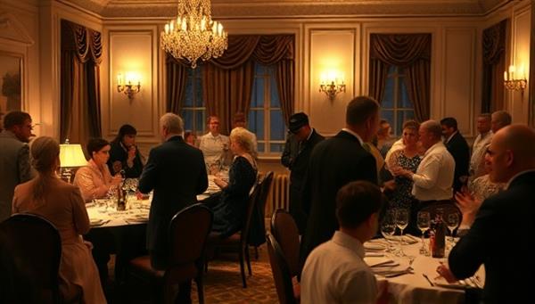 An elegant dining room setting with guests dressed in period costumes, interacting with actors in character, creating an engaging and immersive murder mystery atmosphere.