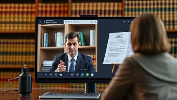 A virtual legal consultation scene, with a lawyer providing advice to a client via video call, legal documents digitally displayed on the screen, and a bookshelf filled with law books in the background, conveying professionalism and expertise in virtual legal services.