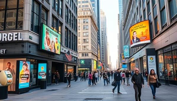 A bustling city street scene with digital screens strategically placed outside businesses, displaying vibrant and enticing ads tailored to the local community, illustrating the seamless integration of digital signage into the urban landscape.