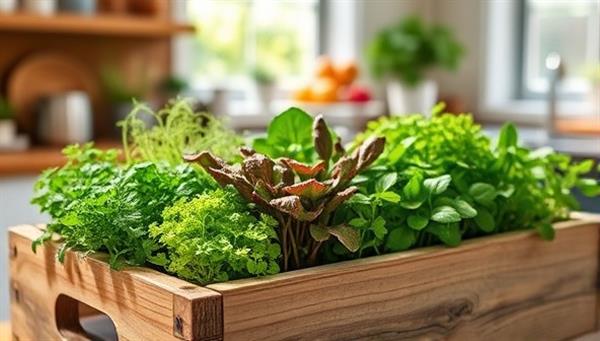 An aesthetically pleasing image of a variety of vibrant micro-greens arranged in a rustic wooden box, with a backdrop of a sunny kitchen setting, evoking freshness, health, and culinary inspiration.