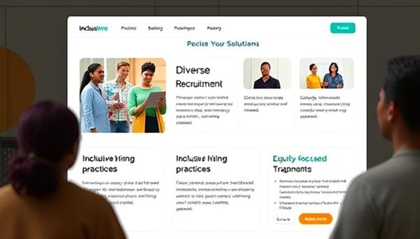 An engaging platform interface featuring diverse recruitment teams, inclusive hiring practices, and equity-focused training modules, illustrating the transformative and empowering services provided by InclusiveHire Solutions in promoting diversity and inclusion in the workplace.