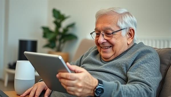 An uplifting image of an elderly individual smiling while video chatting with their family on a tablet, surrounded by modern tech devices like smart speakers and wearables, showcasing tech integration in daily life for seniors.