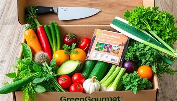 An assortment of vibrant plant-based ingredients, fresh herbs, and colorful recipe cards neatly arranged in a GreenGourmet meal kit box, with a chef