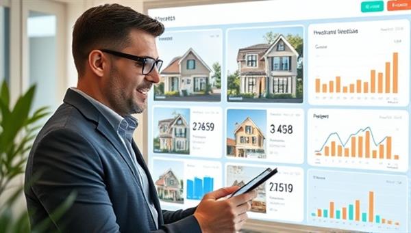 An investor browsing through a digital interface showing various real estate properties available for fractional investment, with interactive charts and investment performance data displayed, conveying convenience and transparency in real estate investing.