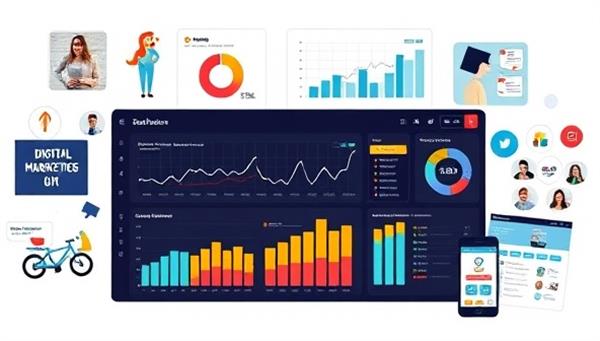 A digital marketing dashboard displaying various metrics such as website traffic, click-through rates, and social media engagement, surrounded by creative marketing campaign visuals, symbolizing data-driven optimization and digital growth.