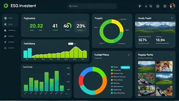 An eco-friendly digital dashboard displaying ESG investment performance metrics and sustainability impact reports, with visuals of renewable energy projects and responsible supply chains, symbolizing the platform