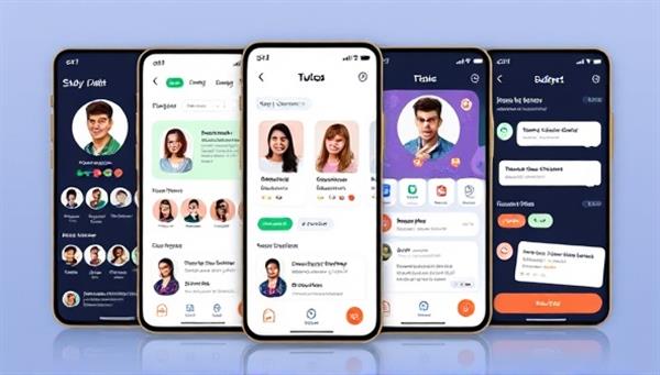 An engaging app interface mockup displaying student profiles, subject categories, and interactive study tools, with virtual chat features and scheduling options for connecting with peer tutors, fostering a sense of academic community and support.