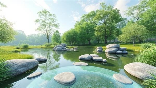 An immersive VR environment showcasing a serene nature scene with calming sounds and interactive elements for pain distraction and relief, illustrating the therapeutic potential and immersive experience of PainAway VR