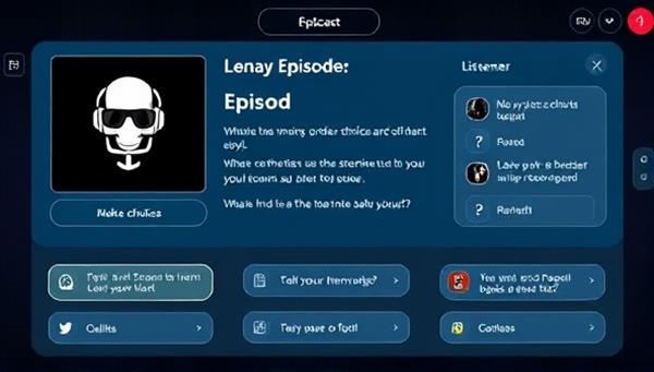 An intriguing visualization of a podcast episode interface with interactive buttons for listeners to make choices, participate in quizzes, and influence the storyline, highlighting the innovative nature of interactive podcasts.