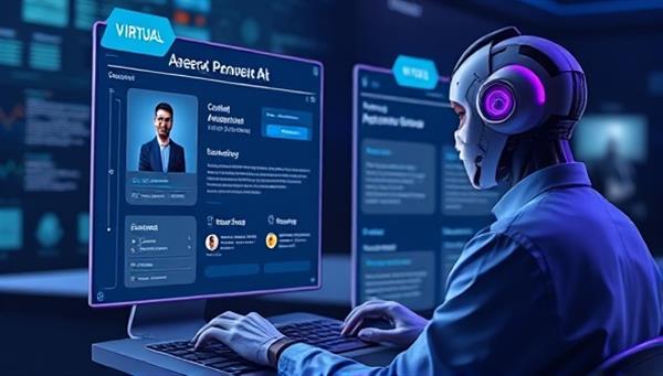 A futuristic visual of a user interacting with a virtual career advisor powered by AI, displaying personalized career recommendations and job opportunities on a digital interface, symbolizing advanced career guidance and decision-making support.
