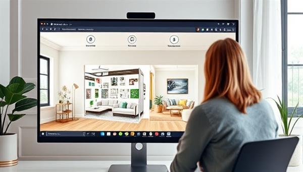 A virtual interior design consultation scene on a computer screen, featuring a designer presenting a mood board and 3D room layout to a client, with stylish design elements, color swatches, and furniture samples, creating a visually engaging and personalized design experience.