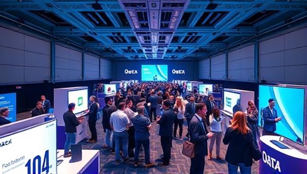 An immersive virtual event environment with avatars of participants interacting in a virtual conference hall, attending virtual booths, and engaging in live presentations, illustrating the dynamic and interactive nature of the platform.