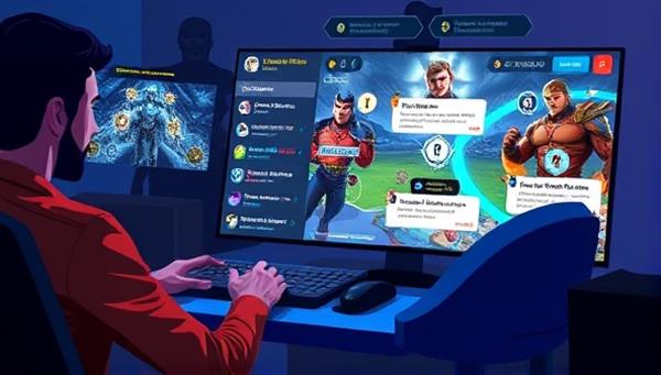 An engaging visual representation of a player interacting with the GameGenie Companion virtual assistant during a gaming session, receiving real-time tips and strategies on the screen, with dynamic gaming elements and personalized recommendations, illustrating the interactive and supportive nature of the AI-powered gaming companion.