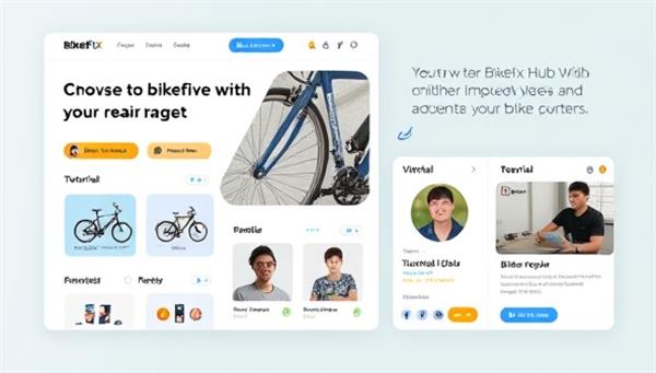 An engaging visual showcasing a digital platform interface where users can browse bike repair services, view repair expert profiles, and access tutorial videos, highlighting the convenience and accessibility of BikeFix Hub for bike owners.