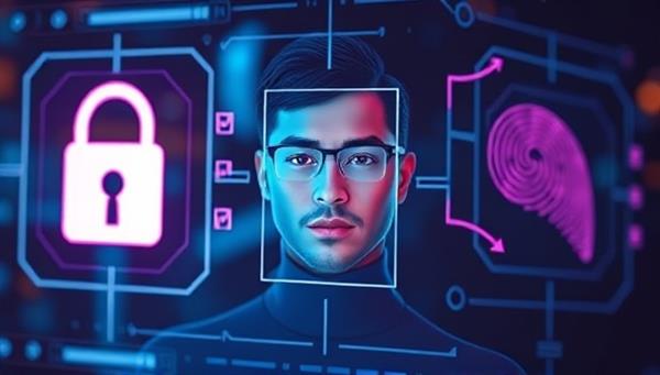 A digital interface displaying a user undergoing secure biometric verification processes, with facial recognition and fingerprint scanning features, symbolizing cutting-edge security and seamless user experience in digital identity verification, set against a backdrop of digital lock icons for enhanced security.