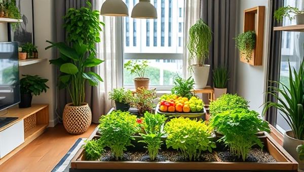 An image of a compact urban farming setup in a modern apartment, featuring smart gardening kits with flourishing herbs, vegetables, and fruits, surrounded by eco-friendly decor elements and natural light, creating a harmonious blend of technology and nature in urban living spaces.