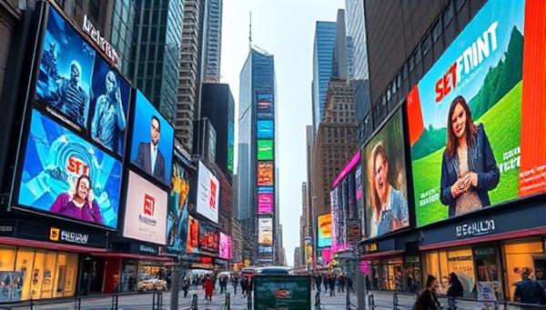 A cityscape with multiple digital billboards displaying vibrant and engaging ads, surrounded by bustling streets and pedestrians, showcasing the dynamic and impactful nature of digital billboard advertising in urban environments.