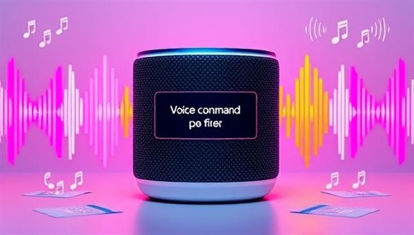 A smart speaker device displaying a colorful audio wave pattern with a voice command prompt, surrounded by sound waves and ad script notes, illustrating the concept of voice-activated advertising campaigns in a dynamic and engaging manner.