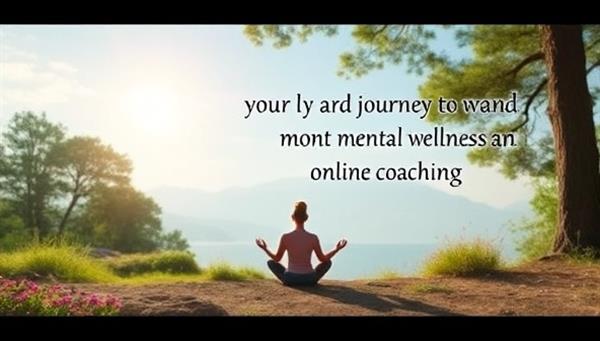 An inspirational visual of a serene outdoor setting with a person practicing mindfulness meditation, surrounded by nature and tranquility, symbolizing the journey towards mental wellness and balance through online coaching.