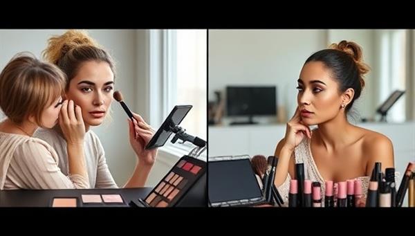 A split-screen image showcasing a virtual makeup consultation: on one side, a makeup artist demonstrating techniques on a client via video call, and on the other side, the client following along with the guidance, surrounded by their makeup collection.