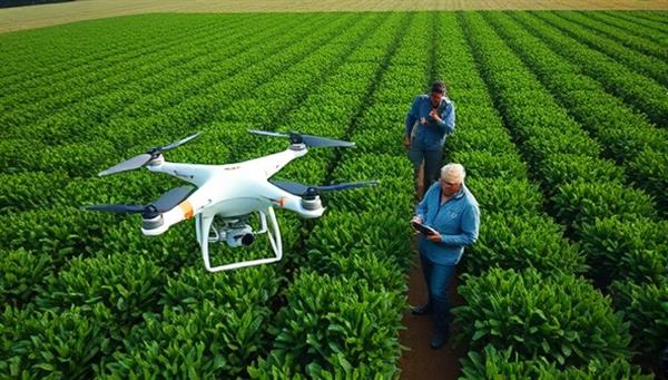Aerial view of lush green farmland with a drone hovering above, capturing detailed crop images, a farmer analyzing drone data on a tablet, and a SkyScout Agriculture team member assisting with drone operation, illustrating the seamless integration of drone technology into modern farming practices.