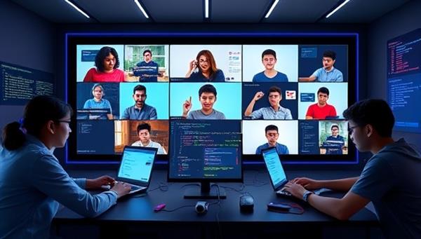 An interactive visual of a virtual coding bootcamp session, with enthusiastic teenage students collaborating on coding projects, receiving guidance from instructors through video conferencing, and showcasing their coding skills in a dynamic and engaging online learning environment, reflecting the essence of CodeGenius Teens as a hub for young coders.