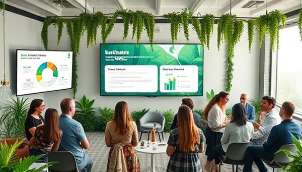 An eco-friendly themed virtual event with greenery decor, sustainable investment infographics displayed on screens, and diverse attendees networking and discussing impactful investment strategies, portraying a vibrant and purpose-driven community.