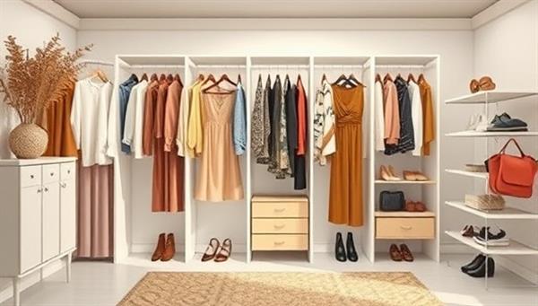 An aesthetic virtual wardrobe setup with digital style boards, clothing racks, and accessory displays, creating a visually appealing and personalized styling experience for clients seeking fashion inspiration and guidance.
